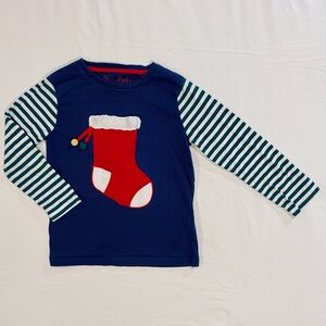 Mini Boden Raglan Tee Christmas Stocking Boys 6-7 Y Girls Holiday Applique Shirt